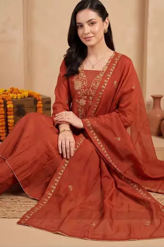 women ethnic motifs embroidered empire thread work kurta with trousers & with dupatta