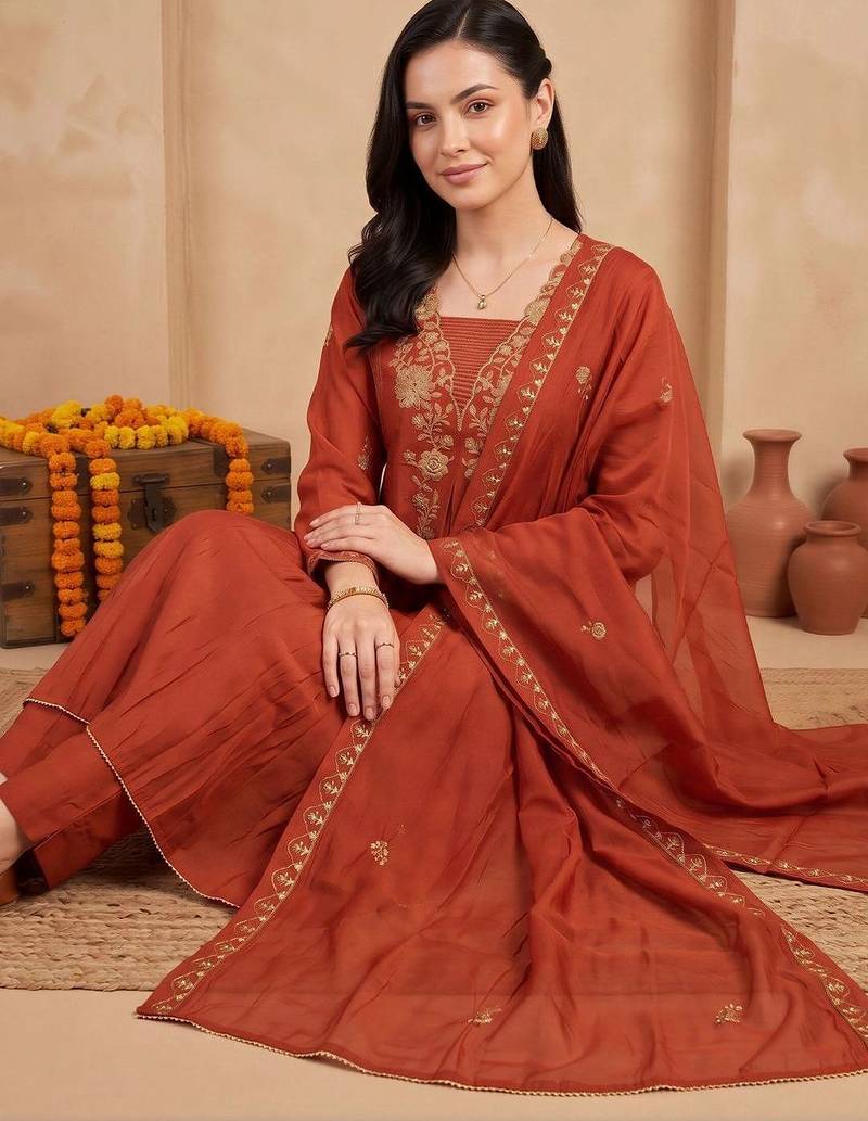 women ethnic motifs embroidered empire thread work kurta with trousers & with dupatta
