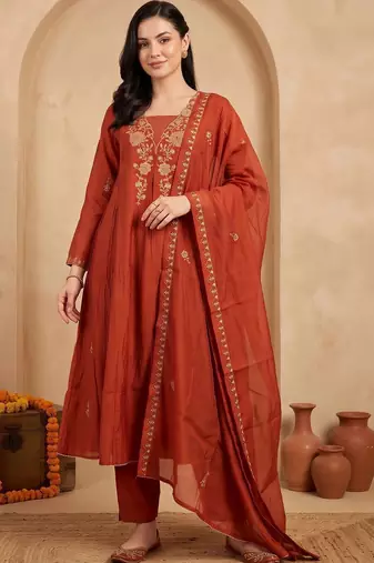women ethnic motifs embroidered empire thread work kurta with trousers & with dupatta