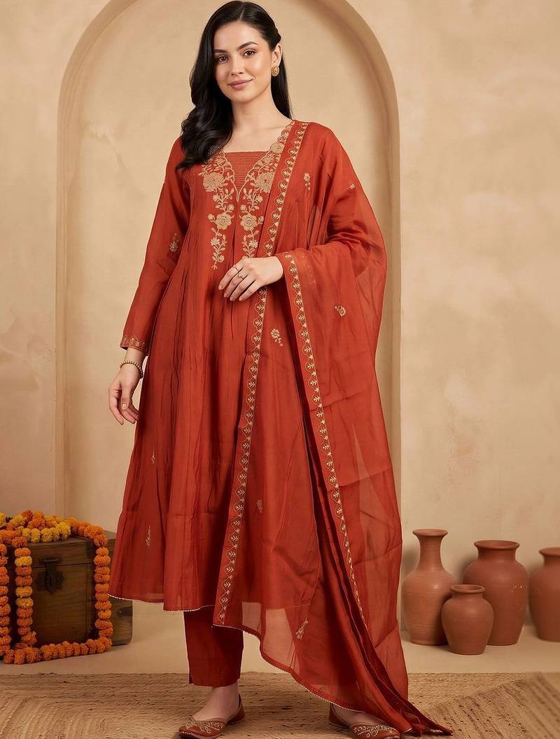 women ethnic motifs embroidered empire thread work kurta with trousers & with dupatta