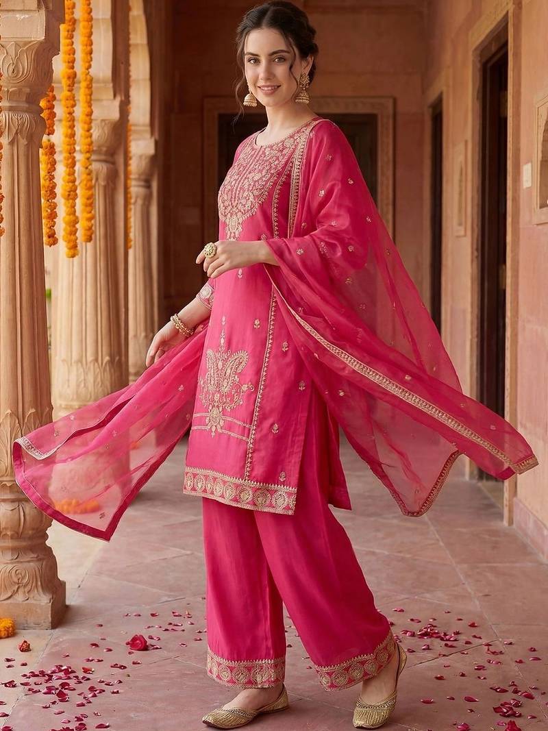 women ethnic motifs embroidered regular kurta with palazzos & with dupatta