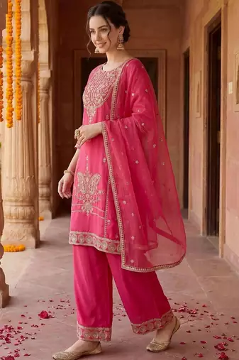 women ethnic motifs embroidered regular kurta with palazzos & with dupatta