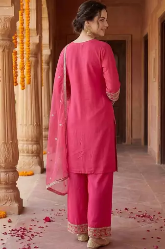 women ethnic motifs embroidered regular kurta with palazzos & with dupatta
