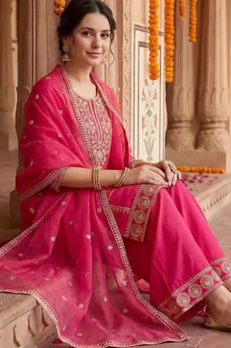 women ethnic motifs embroidered regular kurta with palazzos & with dupatta
