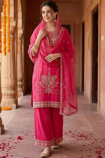 women ethnic motifs embroidered regular kurta with palazzos & with dupatta