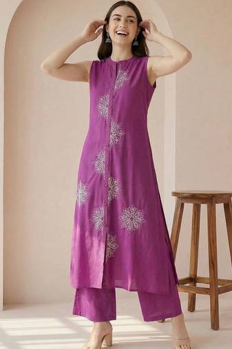 women ethnic motifs embroidered regular thread work cotton kurta with palazzos