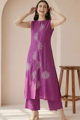 women ethnic motifs embroidered regular thread work cotton kurta with palazzos