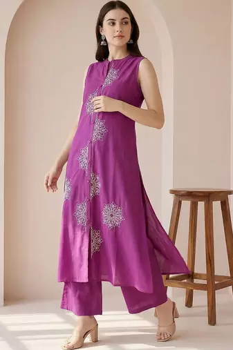 women ethnic motifs embroidered regular thread work cotton kurta with palazzos
