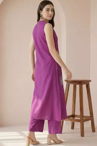 women ethnic motifs embroidered regular thread work cotton kurta with palazzos