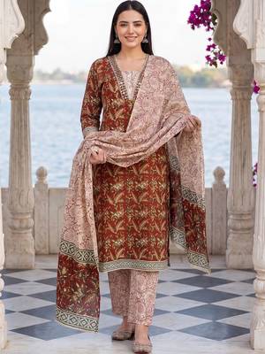 women ethnic motifs printed regular mirror work cotton kurta with trousers & with dupatta 1