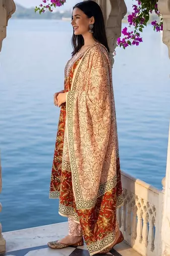 women ethnic motifs printed regular mirror work cotton kurta with trousers & with dupatta