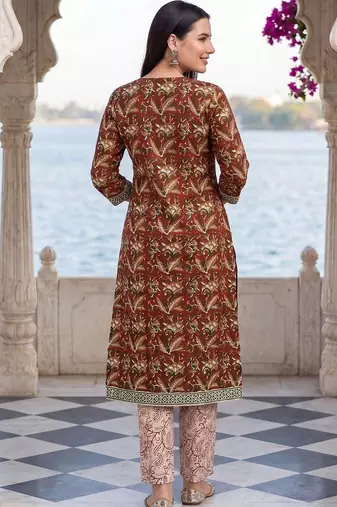 women ethnic motifs printed regular mirror work cotton kurta with trousers & with dupatta