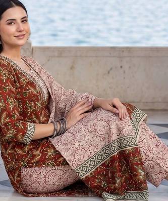 women ethnic motifs printed regular mirror work cotton kurta with trousers & with dupatta 5