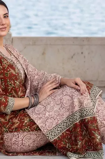 women ethnic motifs printed regular mirror work cotton kurta with trousers & with dupatta