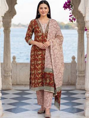 women ethnic motifs printed regular mirror work cotton kurta with trousers & with dupatta 6