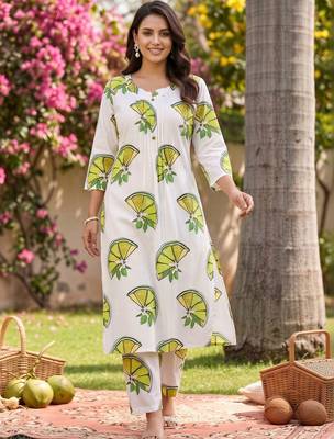 women printed regular cotton kurta with trousers 1