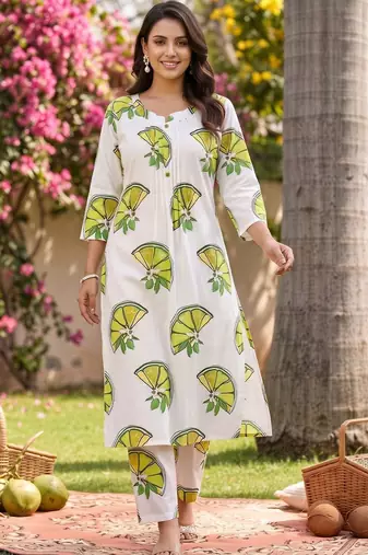 women printed regular cotton kurta with trousers