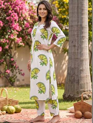 women printed regular cotton kurta with trousers 3