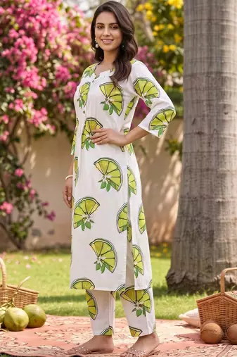 women printed regular cotton kurta with trousers