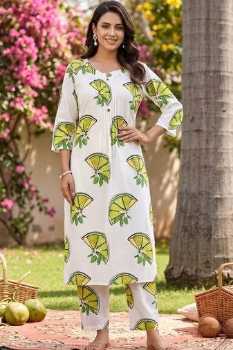 women printed regular cotton kurta with trousers