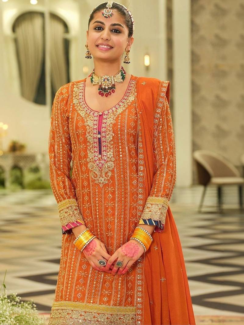 women ethnic motifs embroidered regular mirror work kurta & sharara & dupatta