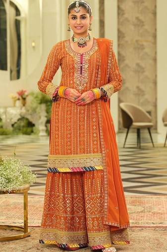 women ethnic motifs embroidered regular mirror work kurta & sharara & dupatta