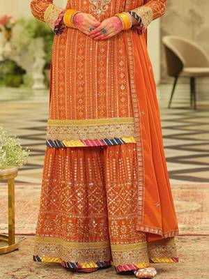 women ethnic motifs embroidered regular mirror work kurta & sharara & dupatta 5