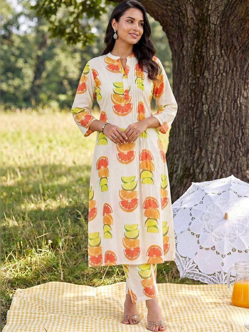women printed regular cotton kurta with trousers