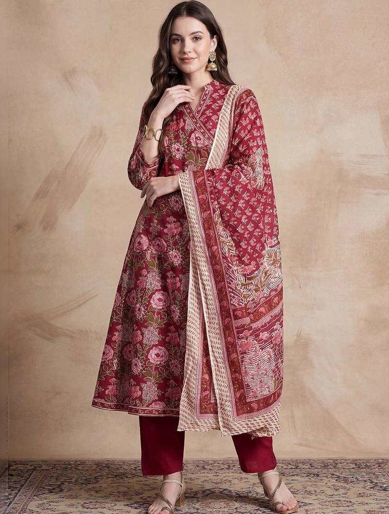 women floral printed angrakha cotton kurta with trousers & with dupatta