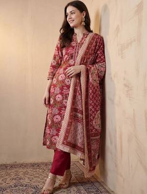 women floral printed angrakha cotton kurta with trousers & with dupatta 2