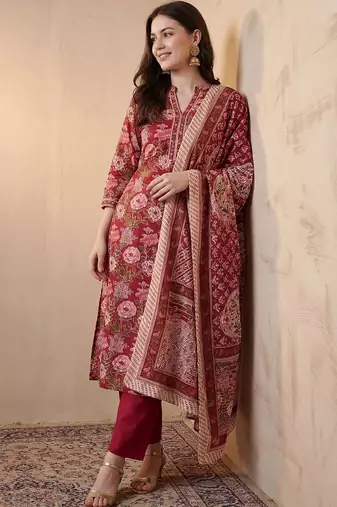 women floral printed angrakha cotton kurta with trousers & with dupatta