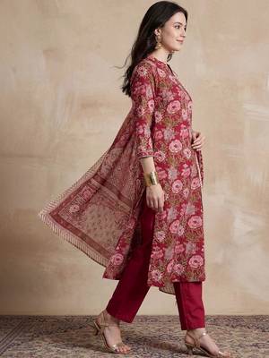 women floral printed angrakha cotton kurta with trousers & with dupatta 3