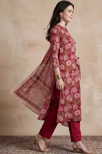 women floral printed angrakha cotton kurta with trousers & with dupatta