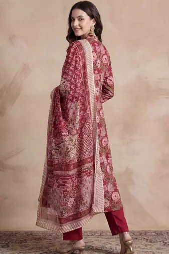 women floral printed angrakha cotton kurta with trousers & with dupatta