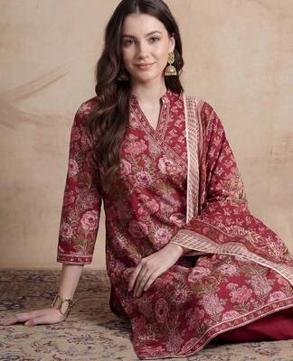women floral printed angrakha cotton kurta with trousers & with dupatta 5