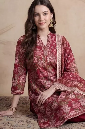 women floral printed angrakha cotton kurta with trousers & with dupatta