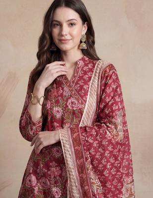 women floral printed angrakha cotton kurta with trousers & with dupatta 6