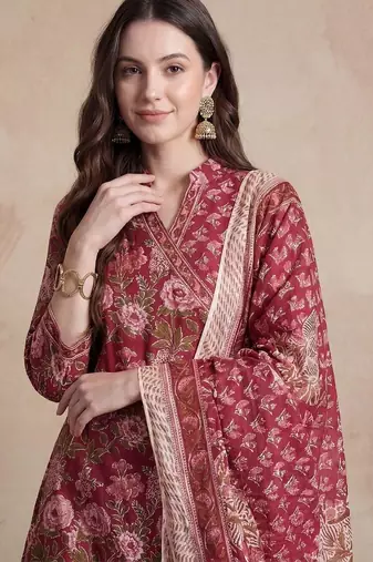 women floral printed angrakha cotton kurta with trousers & with dupatta