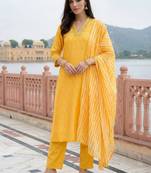 women ethnic motifs printed regular thread work kurta with trousers & with dupatta
