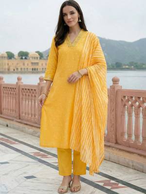 women ethnic motifs printed regular thread work kurta with trousers & with dupatta 2