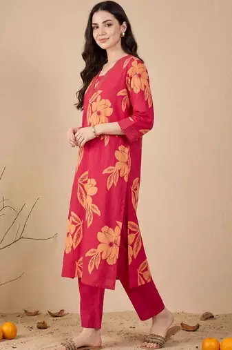 women floral printed regular cotton kurta with trousers
