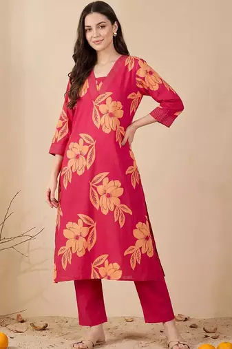 women floral printed regular cotton kurta with trousers
