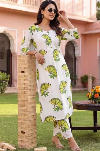 women printed regular cotton kurta with trousers