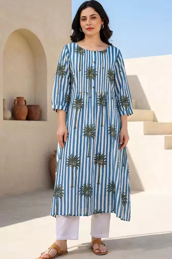 women printed regular cotton kurta with trousers