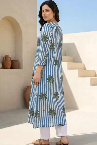 women printed regular cotton kurta with trousers