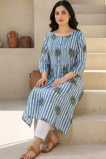 women printed regular cotton kurta with trousers