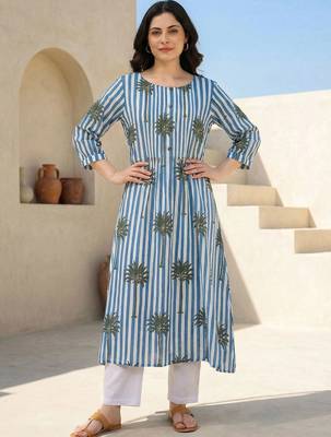 women printed regular cotton kurta with trousers 6