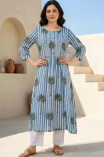 women printed regular cotton kurta with trousers