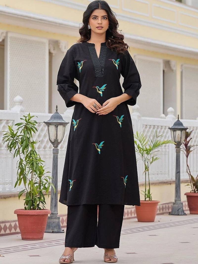 women ethnic motifs embroidered regular thread work cotton kurta with palazzos