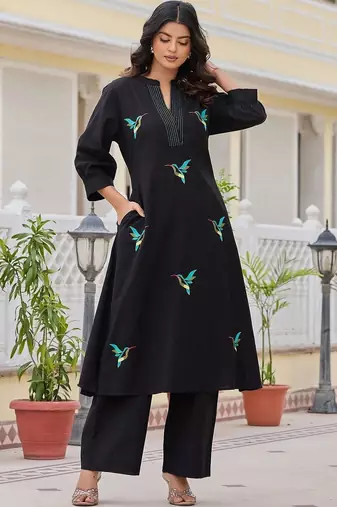 women ethnic motifs embroidered regular thread work cotton kurta with palazzos